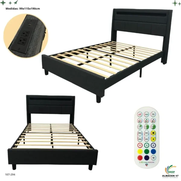 Cama Twin Gris Oscuro Led Toma Corriente 294