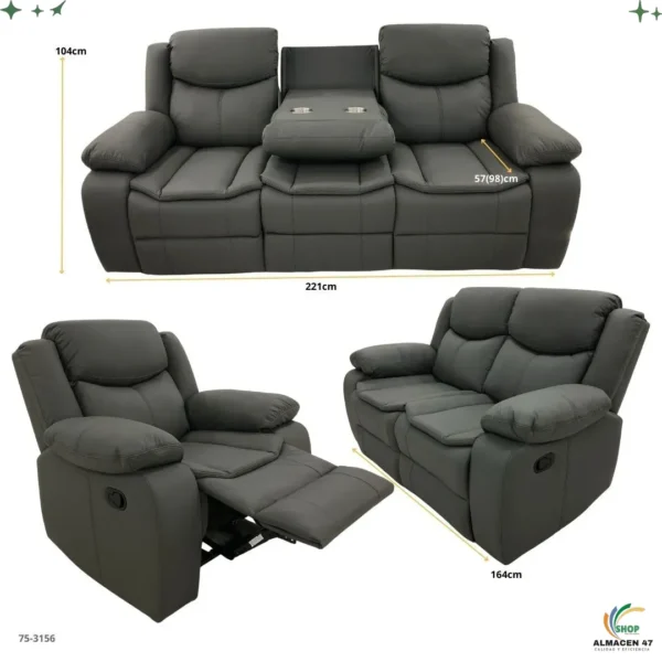 Juego de Sofa Gris Oscuro Reclinable Valerie 3pza Cuero de Aire 3156