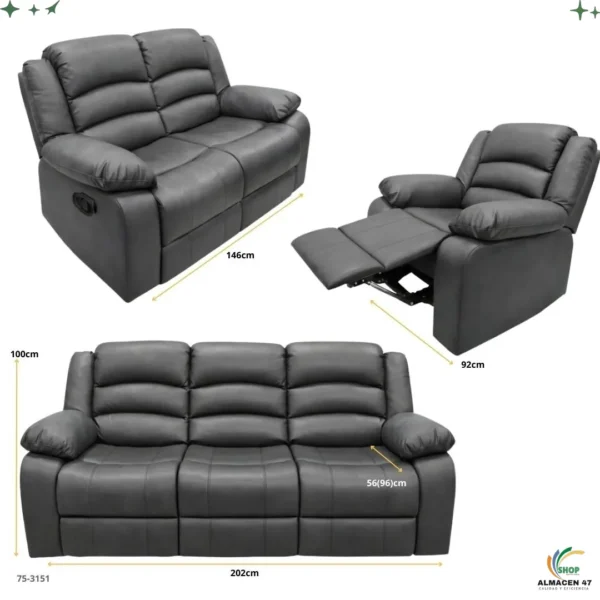 Juego de Sofa Gris Reclinable 3pza Cuerina 3151