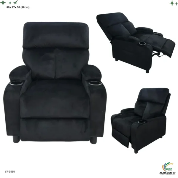 Sofa Reclinable Terciopelo con Portavaso Negro 3480